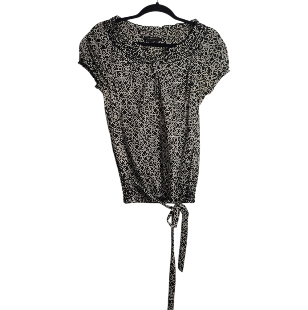 BCBGMAXAZRIA Pattern Black/ Cream Mod Diamond Square Peasant Top Size XXS
